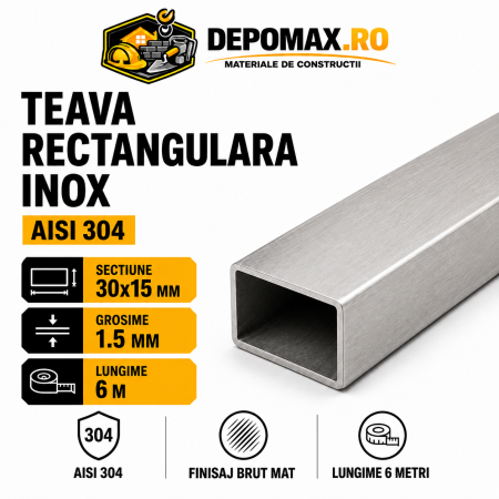 Teava rectangulara inox AISI 304, 30 x 15 x 1.5 mm, 6 metri